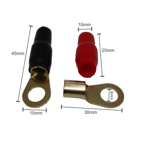 520-928 Kit de 4 Terminales con Aislante Tipo de Ojillo para Cables Calibre 6AWG, Color Rojo y Negro