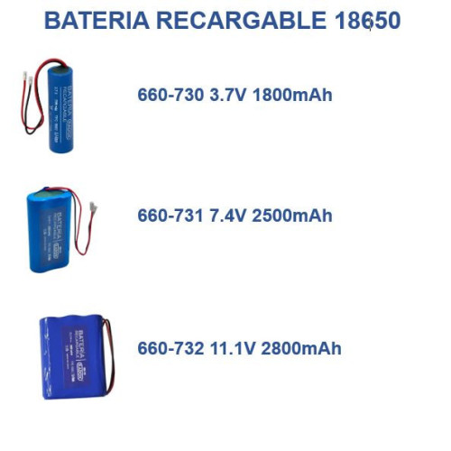 660-732 Bater铆a Recargable de Litio 18650, 11.1V 2800mAh con Cables y Conector Universal