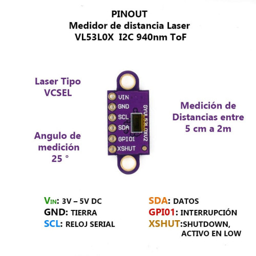 XS-359  Medidor de distancia Láser I2C 940nm ToF VL53L0X